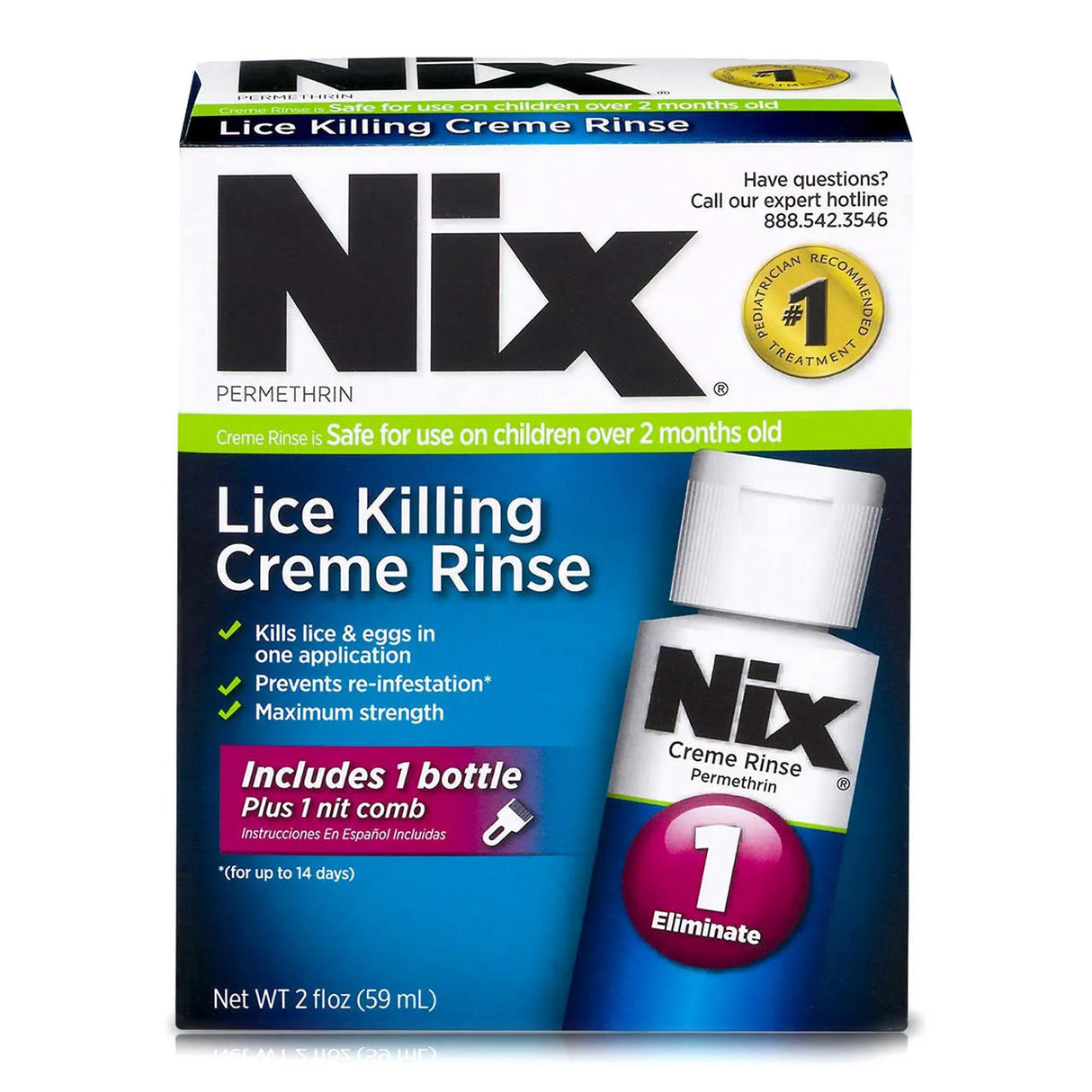 NIX Lice Killing Creme Rinse, 2 oz bottle, from NIX includes a nit comb. Kills lice and eggs, prevents reinfestation, and is safe for kids over 2 months. Packaging highlights effectiveness; net weight is 59 mL.