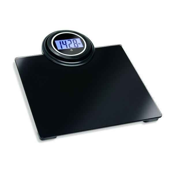 The Jobar North American Health + Wellness Extendable Extra Wide Scale is a black digital bathroom scale with an extra wide platform and a large, circular, backlit LCD display that clearly shows a weight of 142.8 pounds.