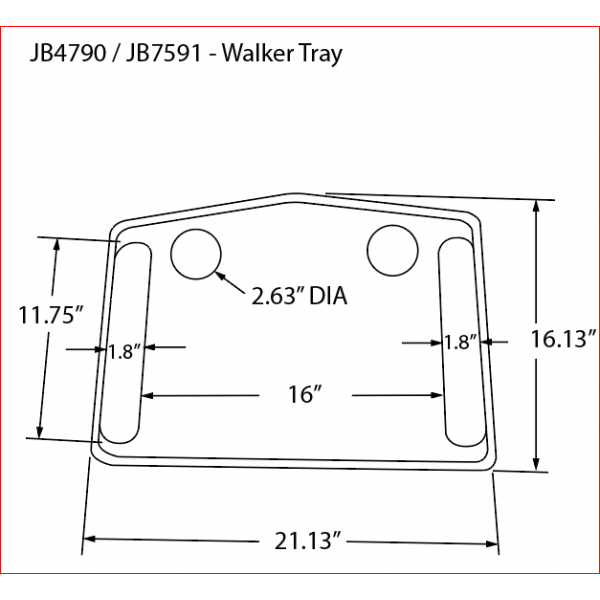 The Jobar North American Health + Wellness Walker Tray is a walker accessory measuring 21.13W x 16.13H, featuring two 2.63-diameter cup holders and two side slots (11.75 x 1.8)—ideal as a transport tray for your walker.