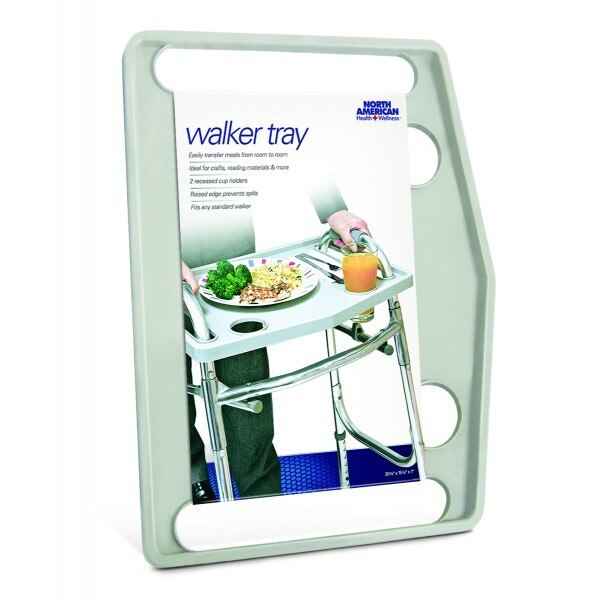 The Jobar North American Health + Wellness Walker Tray is a rectangular gray plastic tray with two cup holders and a label showing it attached to a walker, perfect for carrying meals and supplies easily.