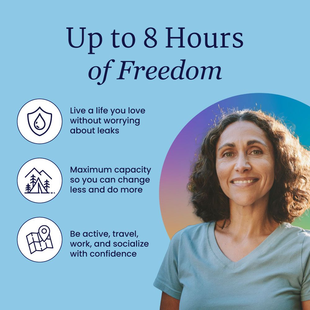 A woman with curly hair smiles at the camera. Text above her reads Up to 8 Hours of Freedom and lists: no leaks, maximum capacity & confidence for activities—ideal features of NorthShore AirSupreme Adult Diapers by NorthShore. Three icons illustrate these points.