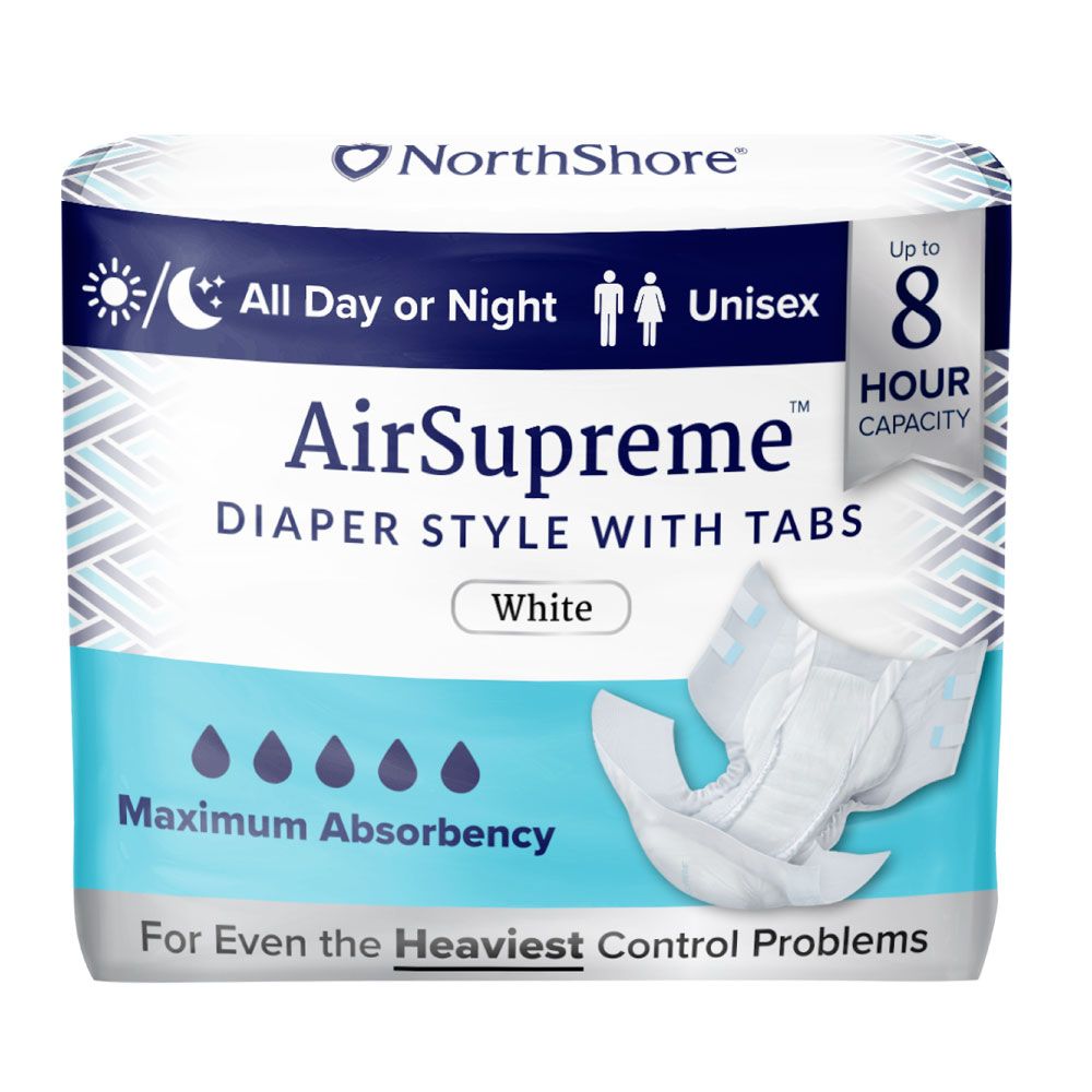 NorthShore AirSupreme Adult Diapers by NorthShore offer tab-style, breathable briefs with overnight absorbency and up to 8-hour protection—ideal for heavy incontinence and all-day or night use.