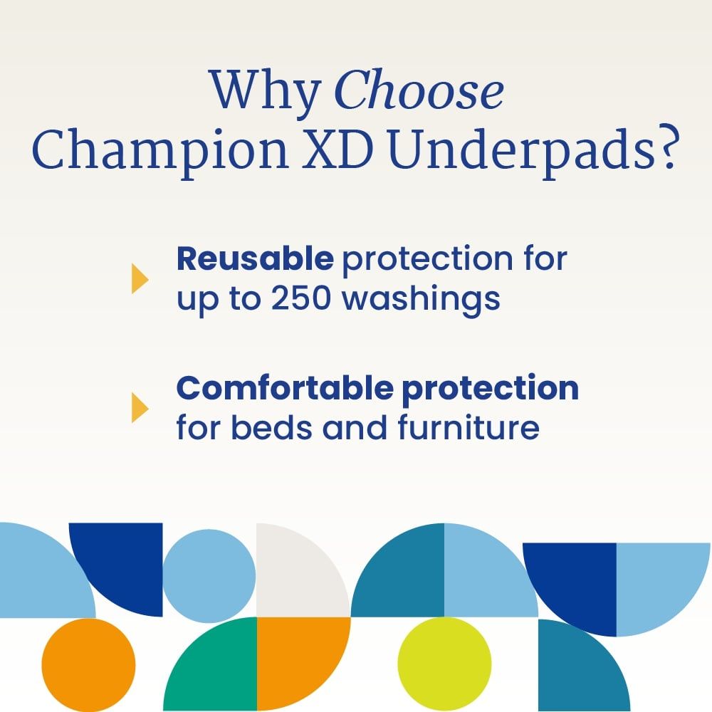 Promotional graphic for NorthShore Champion XD Washable Underpads, featuring reusable protection for up to 250 washes and comfortable, heavy-duty coverage for beds and furniture, with colorful geometric shapes at the bottom.