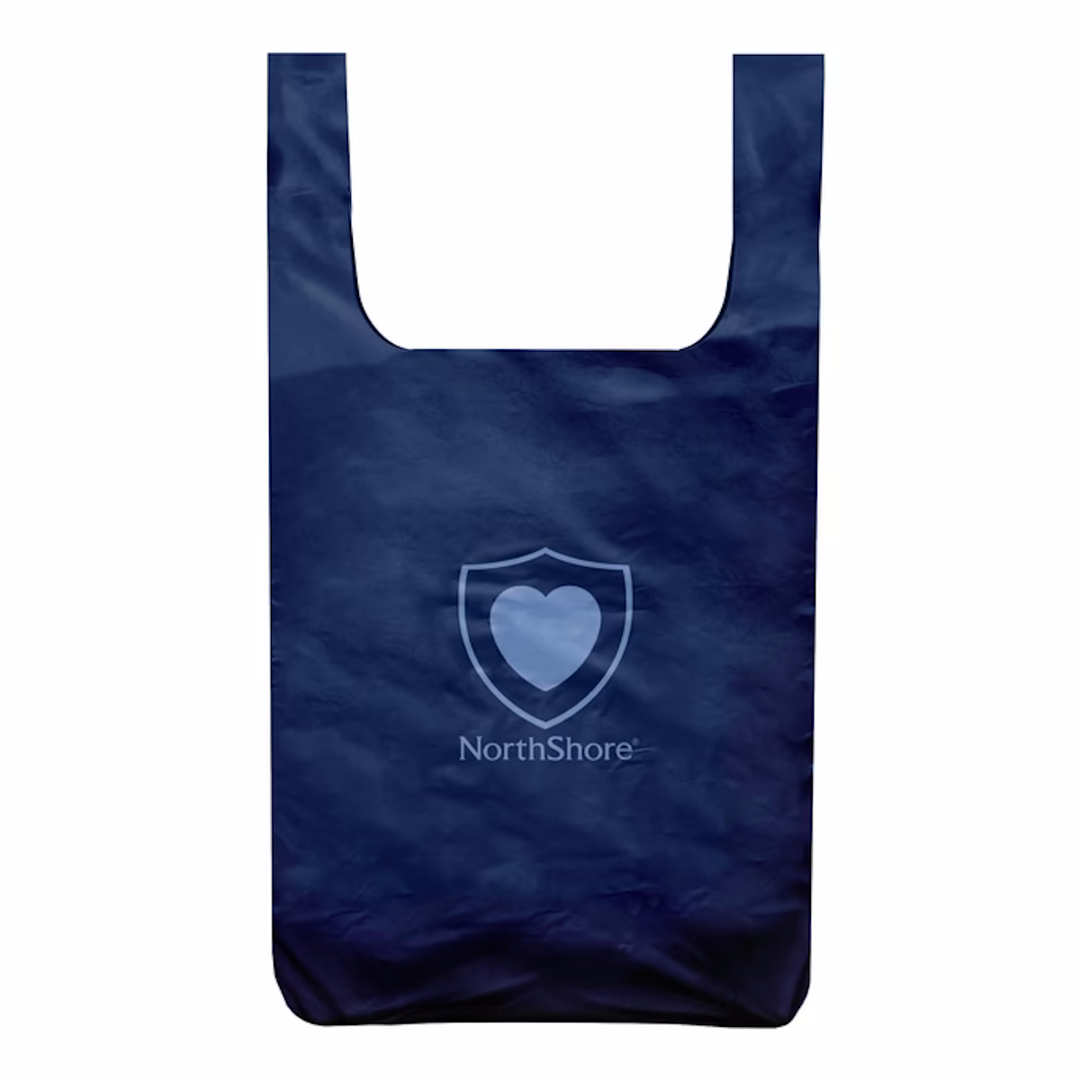 A reusable dark blue shopping bag with a heart and shield logo above "NorthShore," inspired by the NorthShore DiscreetShield Scented Adult Diaper Disposal Bags.