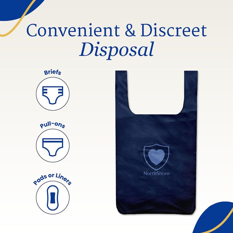 The NorthShore DiscreetShield Scented Adult Diaper Disposal Bags are shown in navy blue with the NorthShore logo, offering convenient, discreet disposal for briefs, pull-ons, and pads or liners—perfect for everyday use.