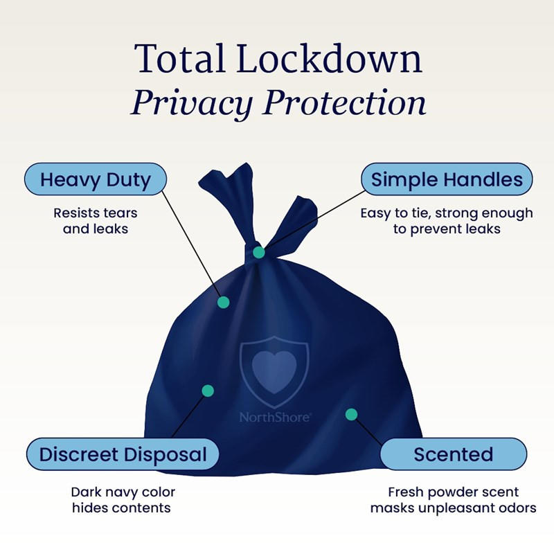 NorthShore DiscreetShield Scented Adult Diaper Disposal Bags offer odor-masking, heavy duty tear-resistant design, and discreet handles for privacy—ideal for incontinence disposal while keeping contents hidden.