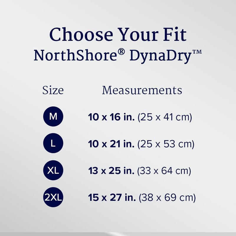 Choose Your Fit: NorthShore DynaDry Supreme Liners come in M (10x16 in/25x41 cm), L (10x21 in/25x53 cm), XL (13x25 in/33x64 cm), and 2XL (15x27 in/38x69 cm). All feature leak guards and high absorbency.