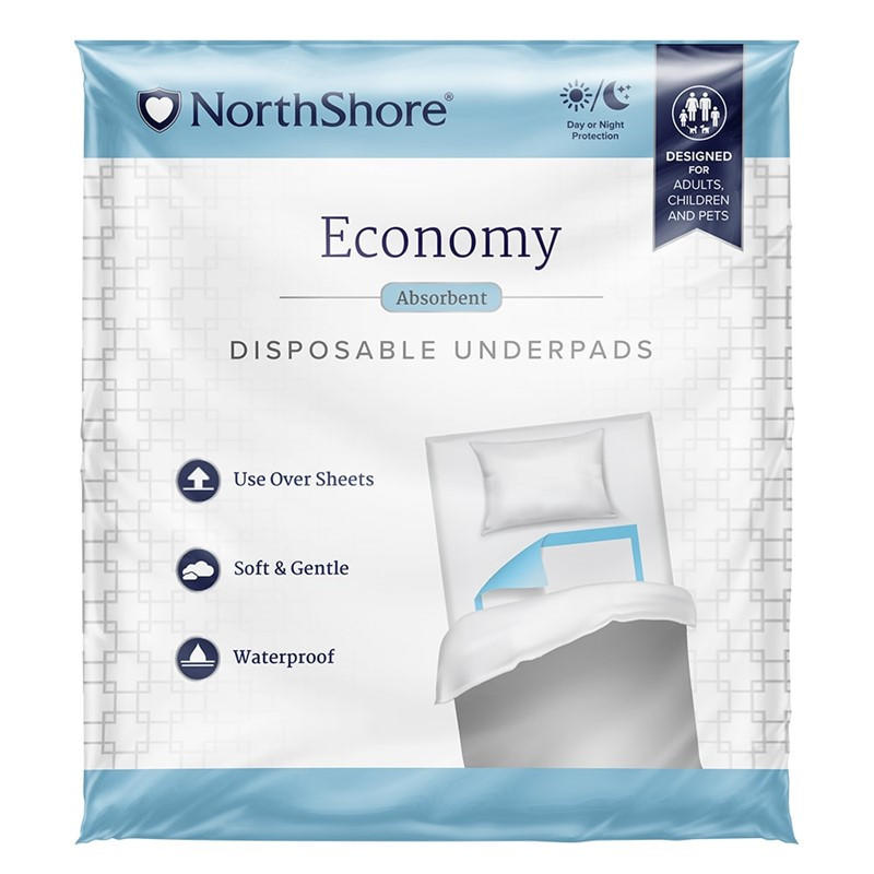 NorthShore Economy Disposable Underpads feature a soft, gentle, waterproof design with light absorbency—perfect for use over sheets and suitable for adults, children, and pets.