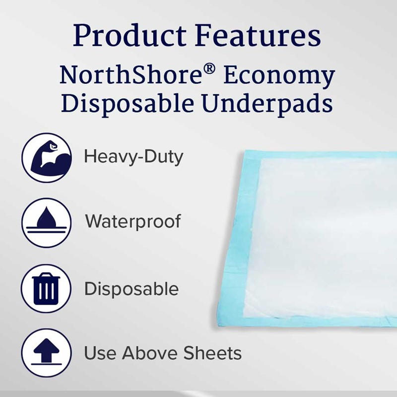NorthShore Economy Disposable Underpads feature icons for heavy-duty, waterproof protection, disposability, and suitability for use above sheets. A blue-edged NorthShore underpad appears on the right side.