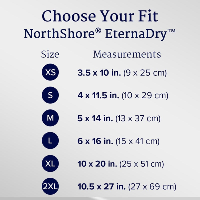 Chart displays NorthShore EternaDry Booster Pads Diaper Doublers (NorthShore), sizes XS–2XL, widths/lengths from 3.5 x 10 in (9 x 25 cm) to 10.5 x 27 in (27 x 69 cm)—ideal for incontinence or boosting diaper absorbency.