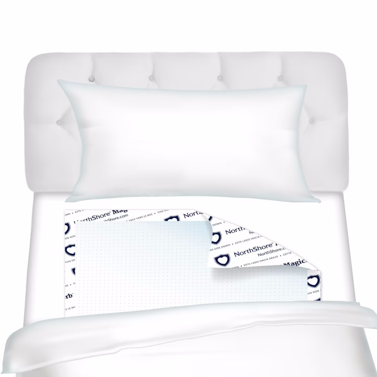 A white bed with a tufted headboard, white pillow, and blanket partially pulled back reveals NorthShore MagicSorb Air Super-Absorbent Disposable Underpads beneath for maximum absorbency.