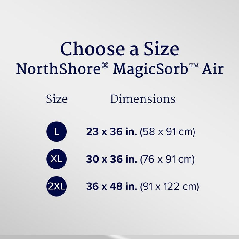 NorthShore MagicSorb Air Super-Absorbent Disposable Underpads sizing chart: Large (23x36 in/58x91 cm), X-Large (30x36 in/76x91 cm), 2X-Large (36x48 in/91x122 cm). Brand: NorthShore.
