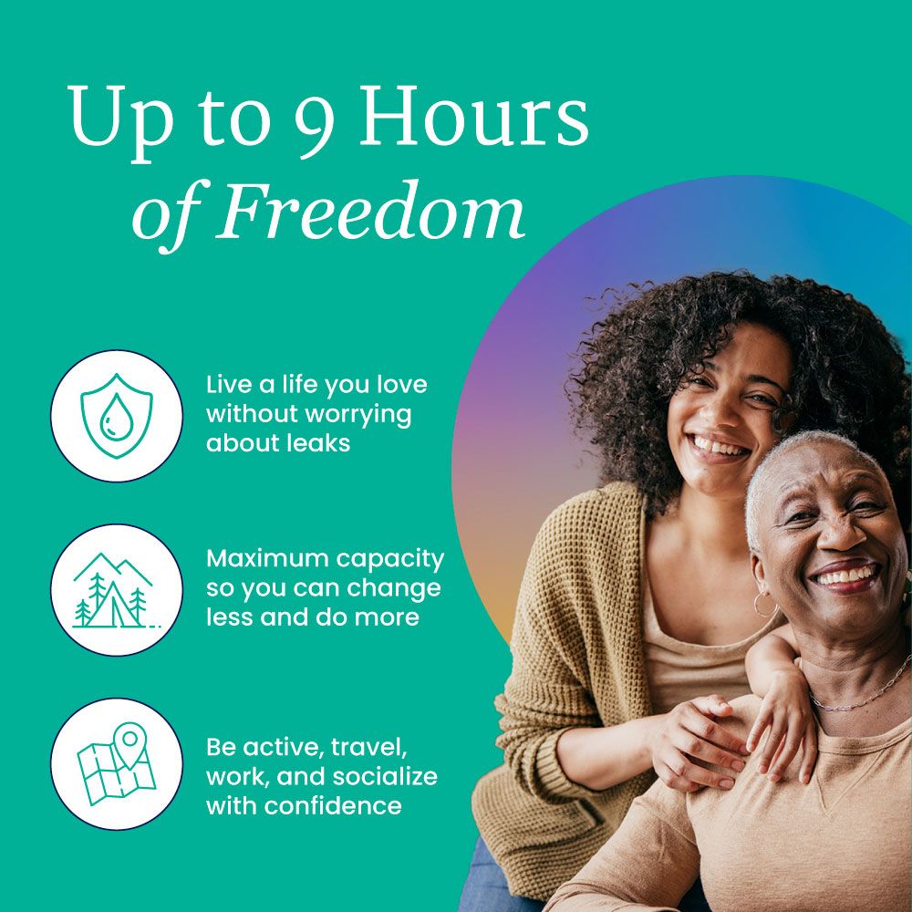 Two smiling women, one younger and one older, sit against a teal background with text: Up to 9 Hours of Freedom. Three icons highlight NorthShore MEGAMAX AirLock Adult Diapers by NorthShore for leak protection, maximum absorbency, and confidence.