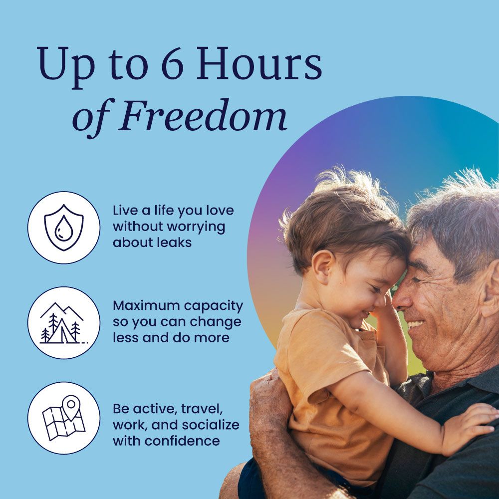 A smiling older man holds a young child outdoors. Text reads: Enjoy up to 6 hours of protection with NorthShore MEGAMAX AirLock Lite Adult Diapers—moderate absorbency, reliable leak protection, and comfort for active living.