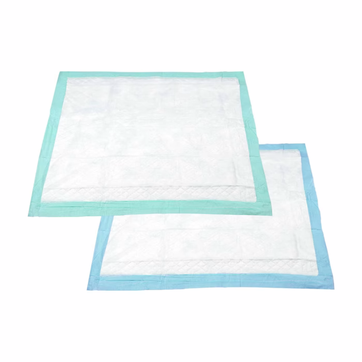 Two NorthShore Premium Extra-Absorbent Disposable Underpads, one with a teal border and one with a blue border, are overlapping on a white background.