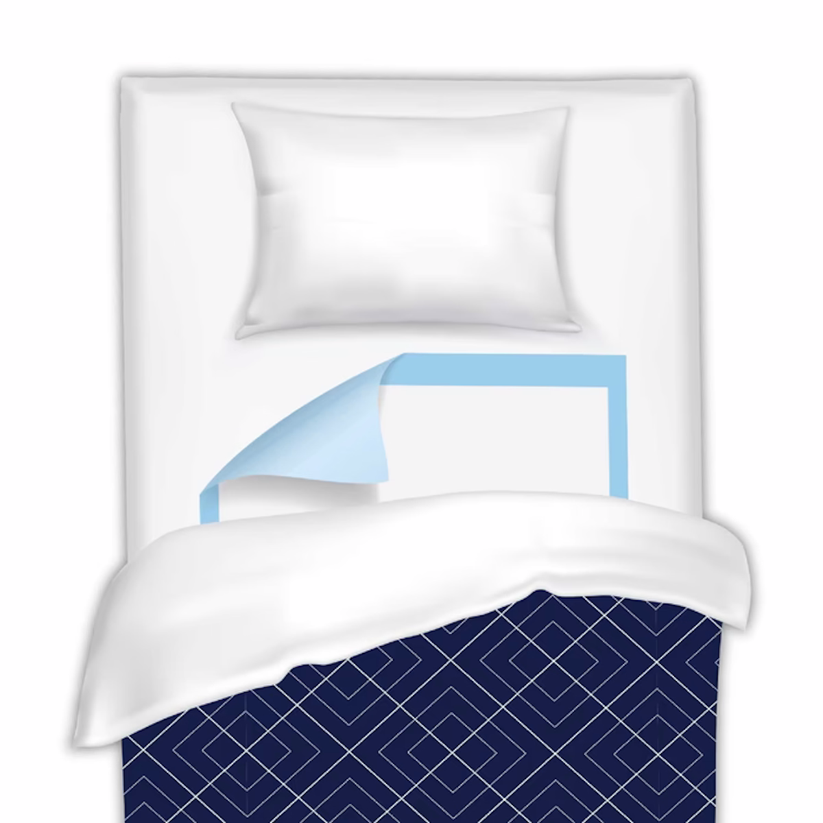 A neatly made single bed with a white pillow, white sheet, and geometric navy blue blanket is viewed from above. For extra absorbency, a NorthShore Premium Extra-Absorbent Disposable Underpad by NorthShore is tucked beneath the sheet.