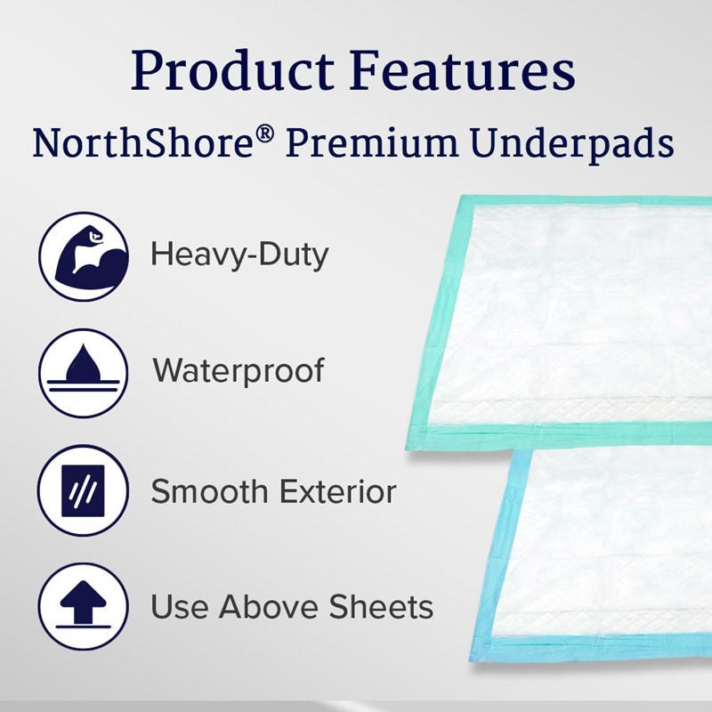 Image displays two NorthShore Premium Extra-Absorbent Disposable Underpads with blue edging, featuring a heavy-duty, waterproof exterior and smooth surface. These white underpads are suitable for use above sheets.