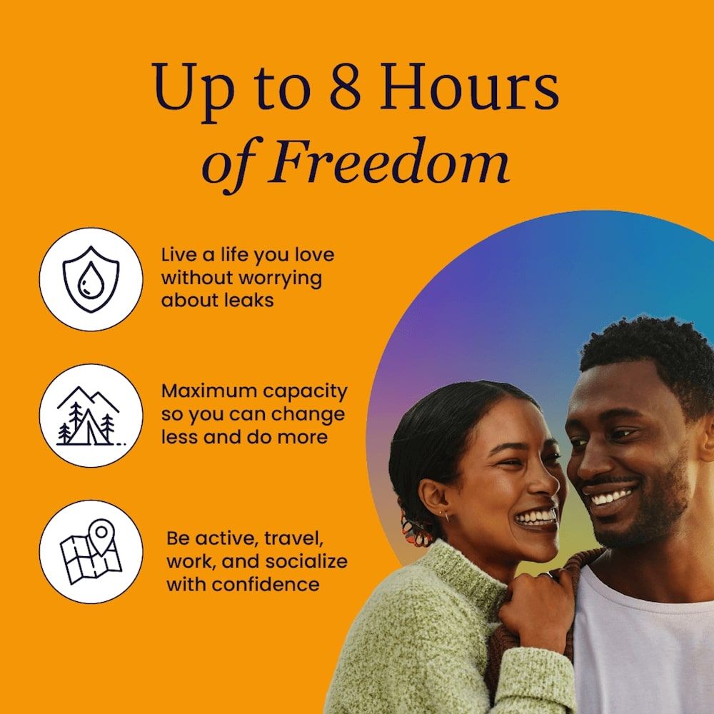 A smiling couple embraces beside “Up to 8 Hours of Freedom.” Three icons highlight NorthShore Supreme Adult Diapers’ benefits: no leaks, overnight absorbency, and active lifestyle confidence. A colorful gradient background completes the scene.