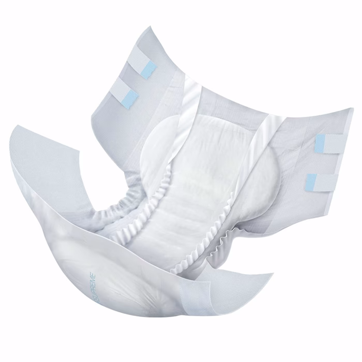 A white NorthShore Supreme Adult Diaper by NorthShore is shown open on a plain background, featuring elastic leg cuffs, adhesive tabs, and a soft inner lining. It’s designed as an overnight incontinence solution.