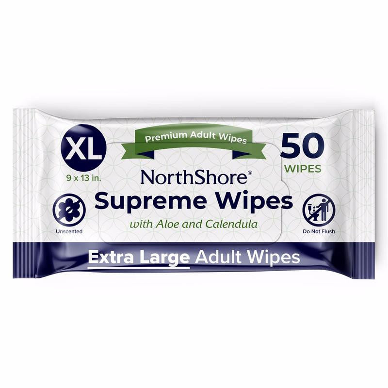 A pack of NorthShore Supreme Quilted Cleansing Wipes contains 50 XL, hypoallergenic, unscented wipes with aloe and calendula. Each heavy-duty wipe is 9 x 13 inches. Do not flush. Brand: NorthShore.