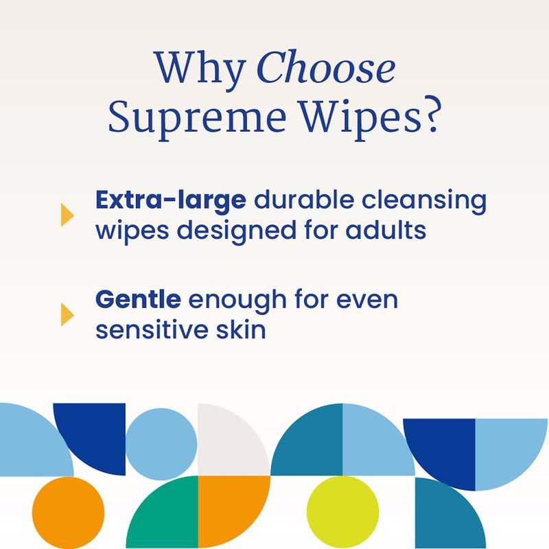 A promotional graphic for NorthShore Supreme Quilted Cleansing Wipes shows extra-large, heavy-duty wipes made for adults yet gentle on sensitive skin. Blue, green, orange, and yellow geometric shapes decorate the bottom.