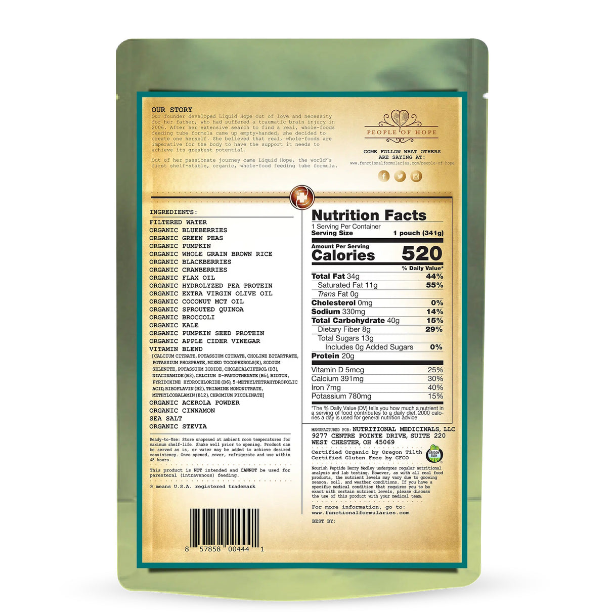 Back of Nourish Pediatric Peptide Organic Tube Feeding Formula and Oral Supplement, Berry Medley by Functional Formularies: shows ingredients, nutrition facts, barcode, prep directions, and brand story; highlights its organic peptide formula for tube feeding.