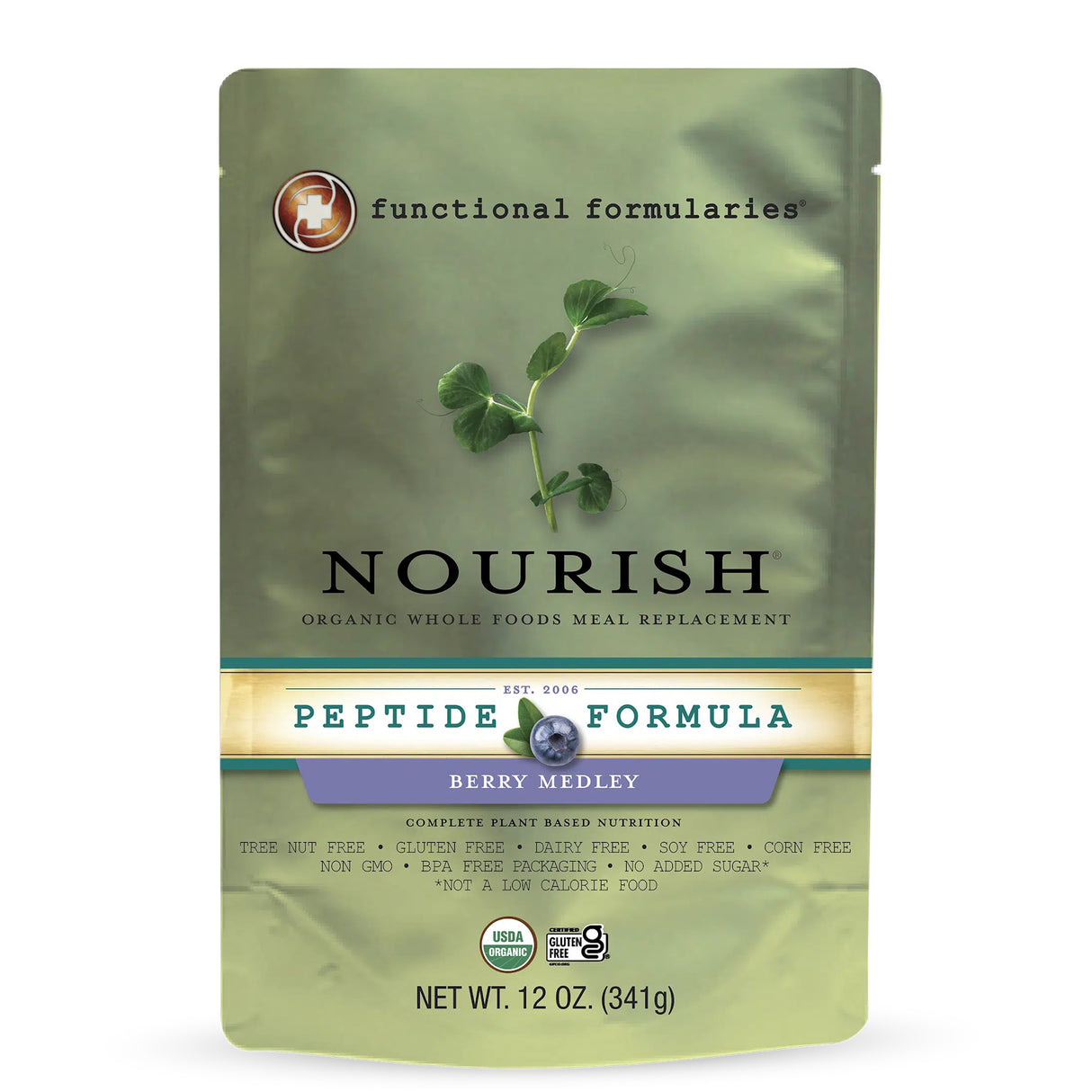 A silver and green pouch of Functional Formularies Nourish Pediatric Peptide Organic Tube Feeding Formula and Oral Supplement, Berry Medley, featuring a pea plant graphic, USDA organic and non-GMO labels. Net weight: 12 oz.