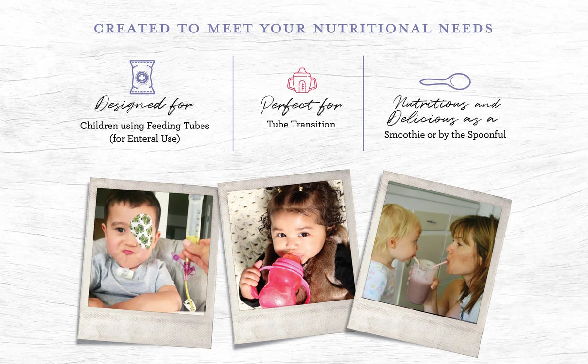 Three photos feature: a child with a feeding tube, a child with a pink cup, and a woman feeding a child by spoon. Text explains these are Functional Formularies Nourish Pediatric Peptide Organic Tube Feeding Formula and Oral Supplement, Berry Medley.