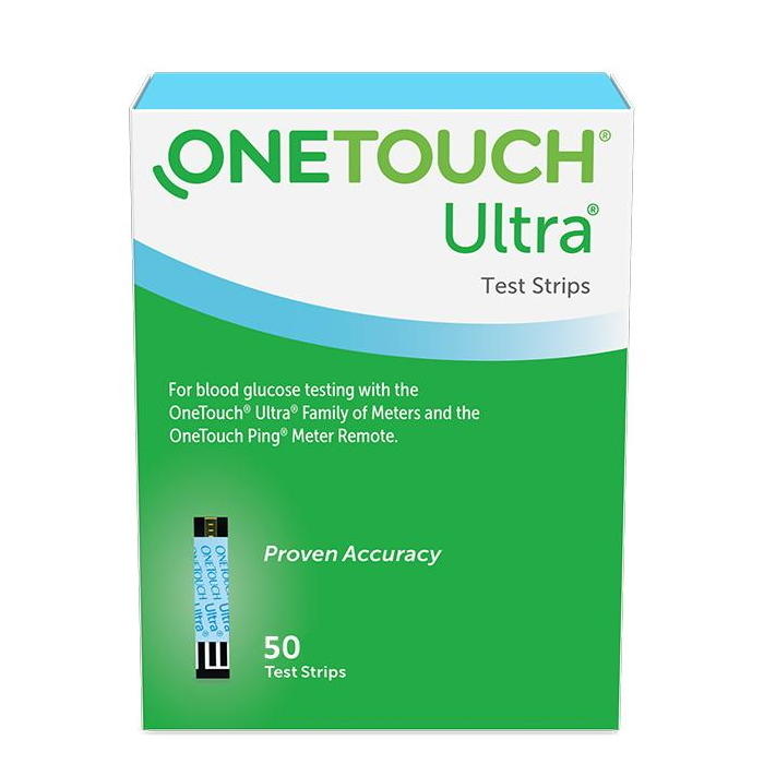 OneTouch Ultra Blood Glucose Test Strips, 50 ct by OneTouch come in a green and blue box labeled for use with OneTouch Ultra meters, featuring DoubleSure technology and Proven Accuracy.