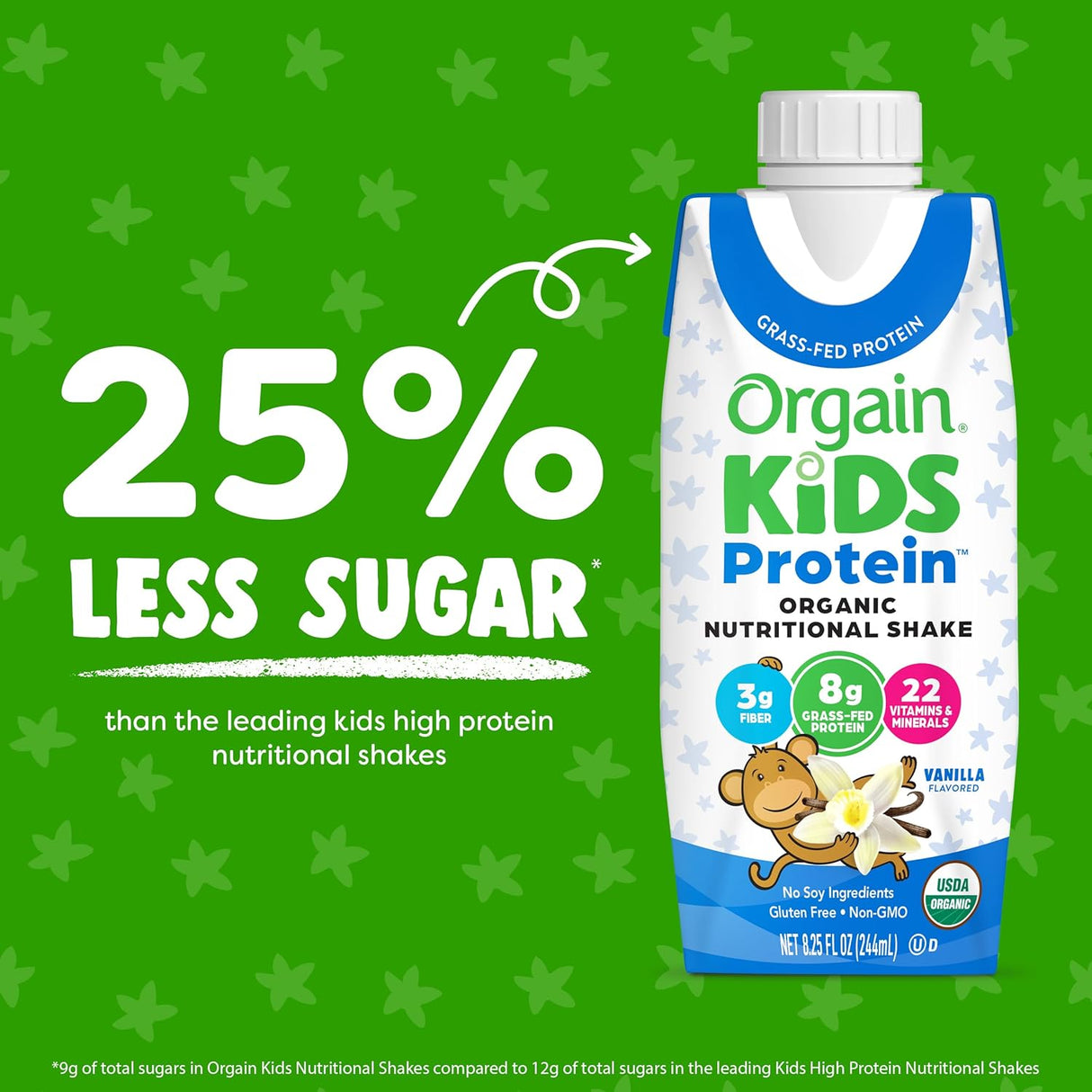 Orgain Organic Kids Nutritional Grass-Fed Protein Shake, Vanilla, Pack of 12, shown with text: “25% Less Sugar* than the leading kids protein shake” on a green starry background.