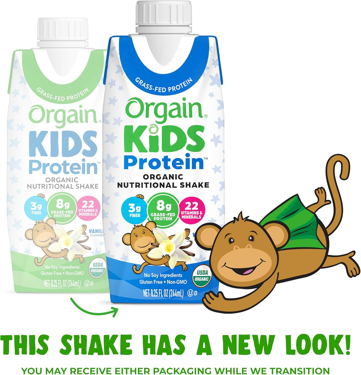 Two Orgain Organic Kids Nutritional Grass-Fed Protein Shake, Vanilla (Pack of 12) bottles—one in old green packaging and one in new blue—appear with a waving cartoon monkey and the text, “This kids protein shake has a new look!”.