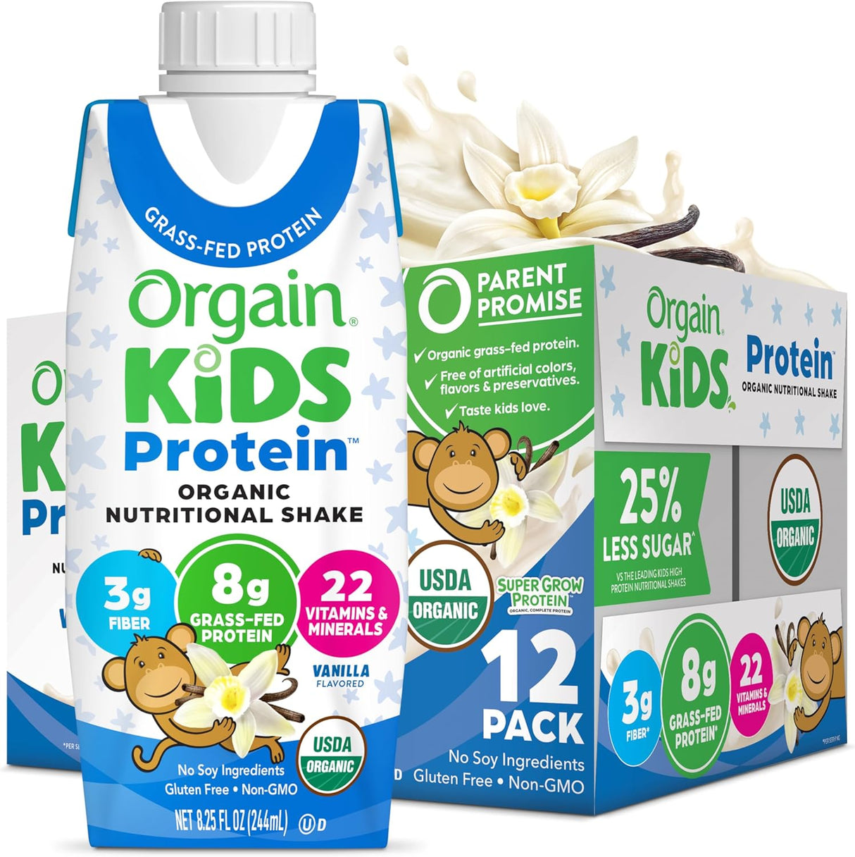 Orgain Organic Kids Nutritional Grass-Fed Protein Shake, Vanilla, Pack of 12, features 8g organic protein, 3g fiber, no soy, gluten or GMOs. Box and bottle display a cartoon monkey, vanilla flower & USDA Organic label.