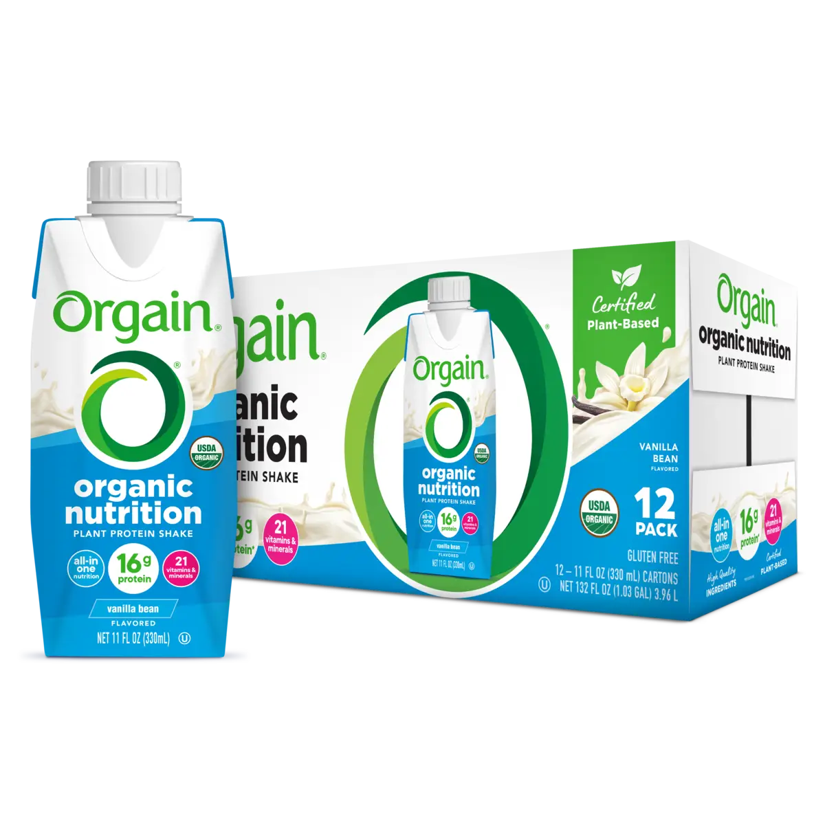 A box of Orgain Organic Vegan Plant Based Nutritional Shake, Vanilla, CS/12, with one carton in front. Each USDA organic, gluten-free shake delivers 16g protein and 21 vitamins & minerals.