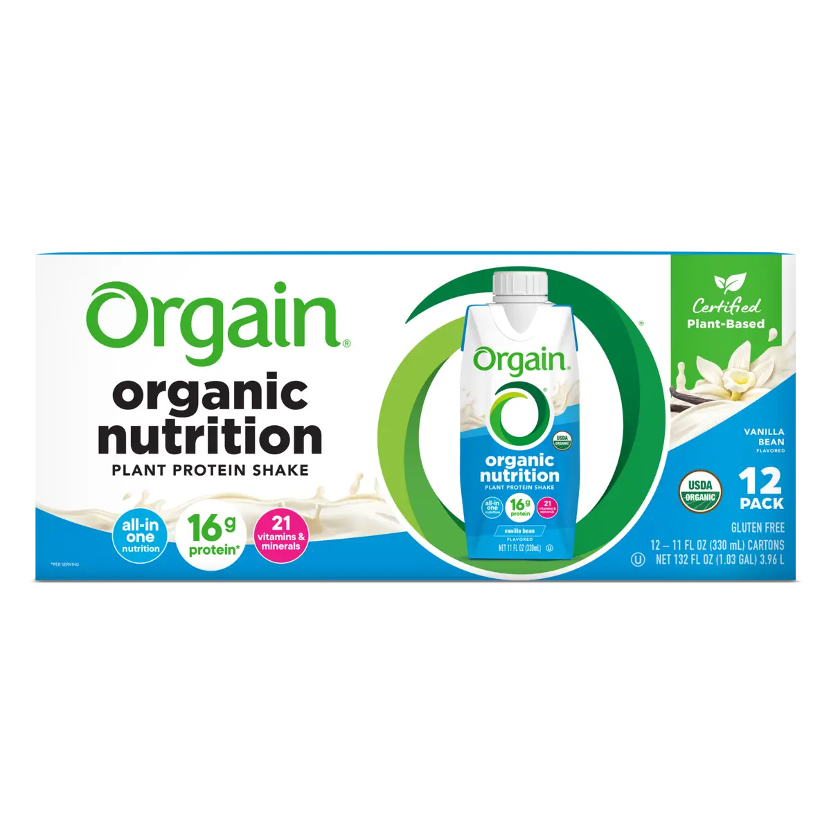 Orgain Organic Vegan Plant Based Nutritional Shake, Vanilla, CS/12—gluten free and plant-based meal replacement. Includes 12 cartons (11 fl oz each) packed with protein and nutrients. Brand: Orgain.