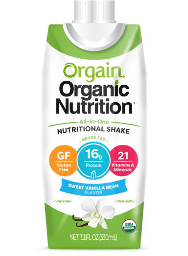Orgain Organic Nutritional Shake, 11 oz Carton by Orgain, in Sweet Vanilla Bean flavor, provides 16g protein, is gluten free, non-GMO, soy free, and offers 21 vitamins & minerals—ideal as a meal replacement.