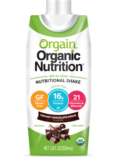 Orgain Organic Nutritional Shake, 11 oz Carton, delivers creamy chocolate fudge flavor with 16g protein, 21 vitamins & minerals. Its gluten free, grass fed, non-GMO—a tasty organic meal replacement and protein shake.