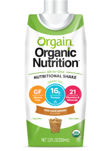 Orgain Organic Nutritional Shake, 11 oz carton, Iced Café Mocha flavor—16g protein, 21 vitamins & minerals. This USDA organic, grass-fed, gluten-free, non-GMO shake from Orgain is an ideal meal replacement.