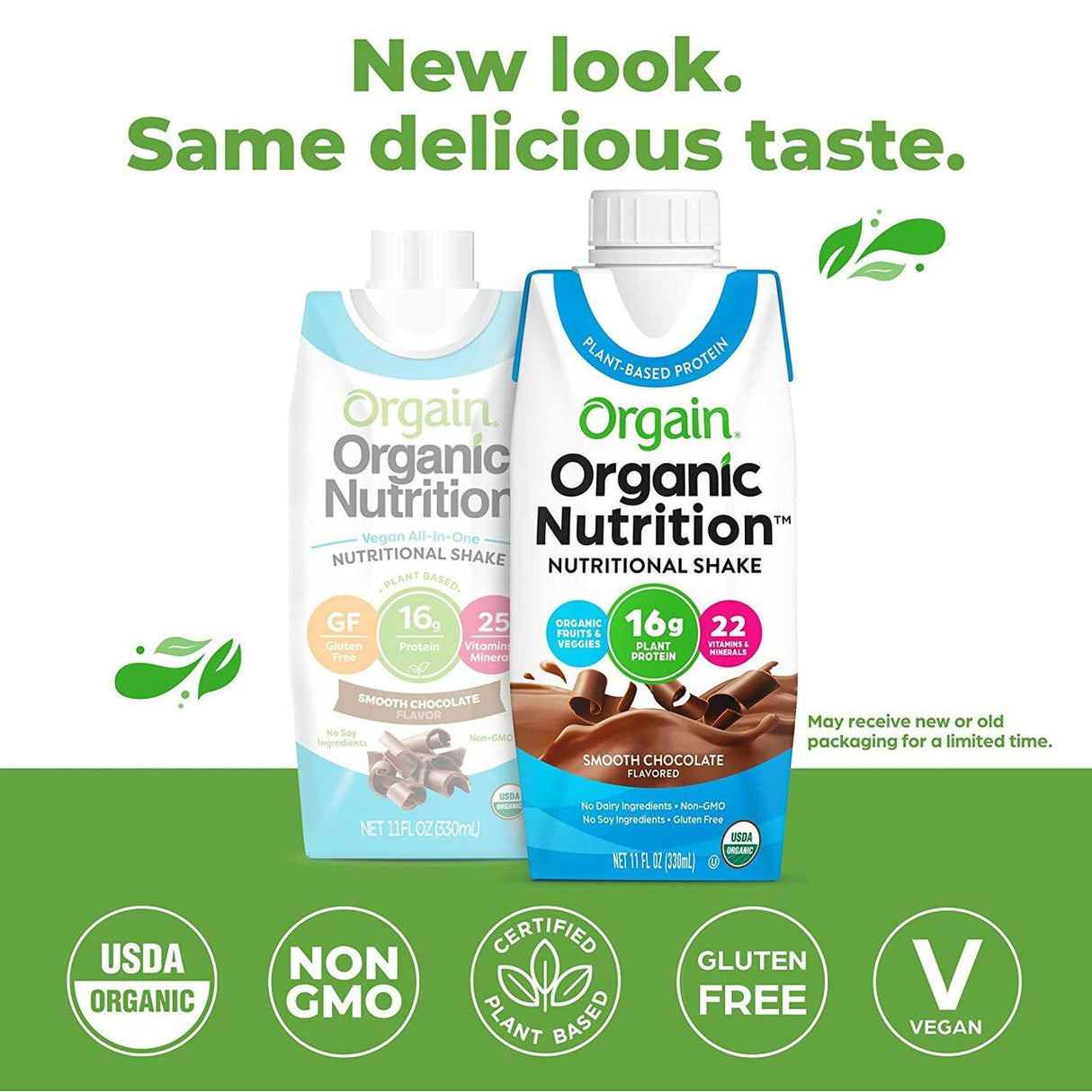 Two cartons of Orgain Organic Vegan Plant Based Nutritional Shake, Chocolate, CS/12—one with old and one with new packaging. Text: “New look. Same delicious taste.” Enjoy this vegan shake by Orgain for a tasty plant-based protein boost. Certification icons shown.