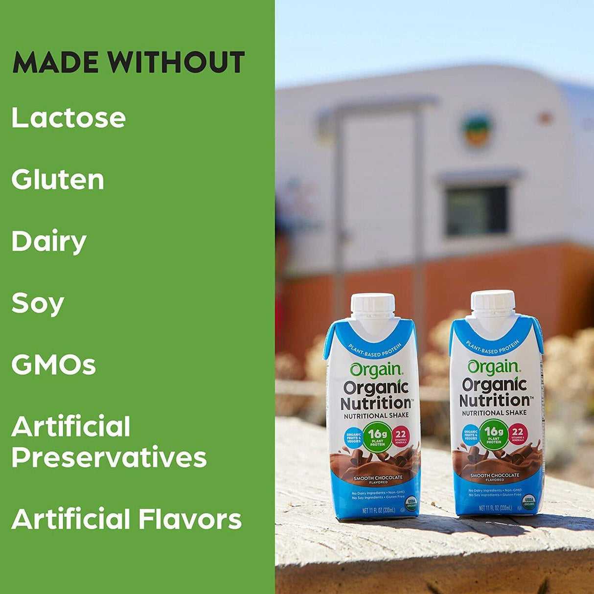 Two cartons of Orgain Organic Vegan Plant Based Nutritional Shake, Chocolate, are on a stone surface. Text states: No lactose, gluten, dairy, soy, GMOs, artificial preservatives or flavors. Brand: Orgain. CS/12.