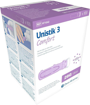 Owen Mumford Unistik 3 Comfort Safety Lancets, 28 Gauge, 1.8 mm Depth, Medium Flow - AT1044-Box - LL Medico