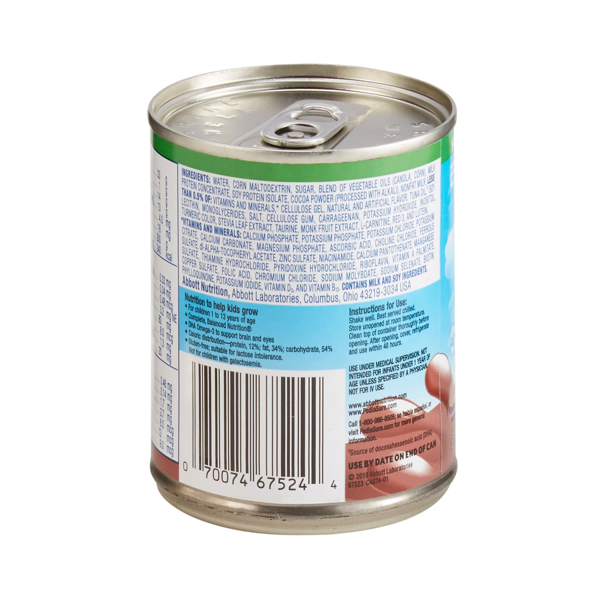An 8 oz can of Pediasure Grow & Gain Chocolate by Abbott Nutrition features a pull-tab lid, nutritional info, barcode, prep directions, and ingredients on a mostly white label with colorful accents highlighting balanced kids nutrition.