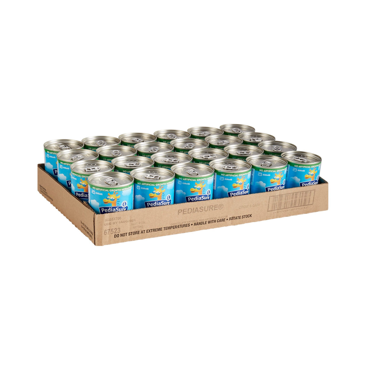 A flat cardboard tray holds 24 cans of Abbott Nutrition Pediasure Grow & Gain Chocolate, 8 oz each—ideal for balanced child nutrition.