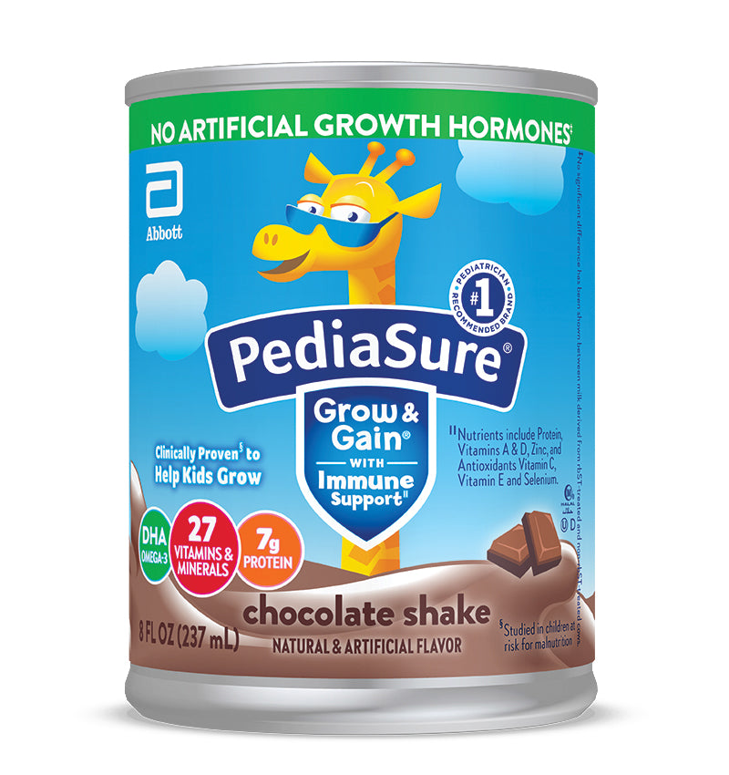 An 8 oz can of Abbott Nutrition’s Pediasure Grow & Gain Chocolate features a cartoon giraffe and highlights balanced nutrition, immune support, no artificial growth hormones, plus 27 vitamins & minerals and 7g protein per serving.