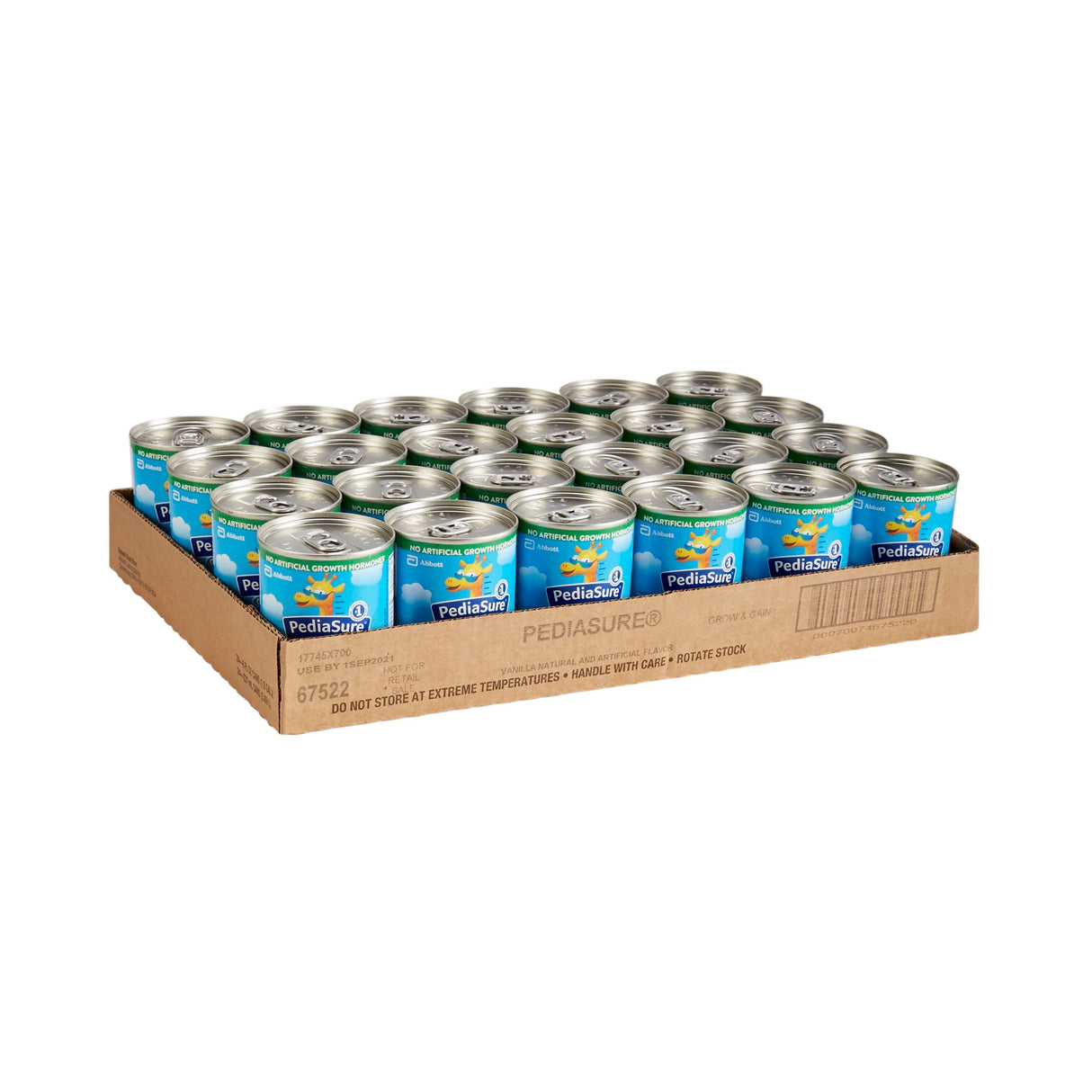 A case of 24 Abbott Nutrition Pediasure Grow & Gain Vanilla 8 oz cans provides balanced nutrition for kids; cans feature blue and green labels with silver tops, packed in four rows of six per tray.