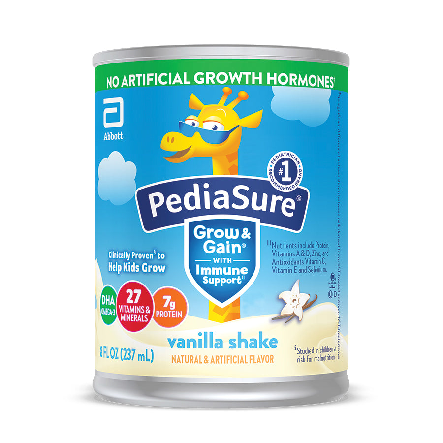 An 8 oz can of Pediasure Grow & Gain Vanilla by Abbott Nutrition, featuring a cartoon giraffe, offers 7g protein, DHA, immune support, 27 vitamins & minerals, balanced nutrition, and no artificial growth hormones. CS/24.