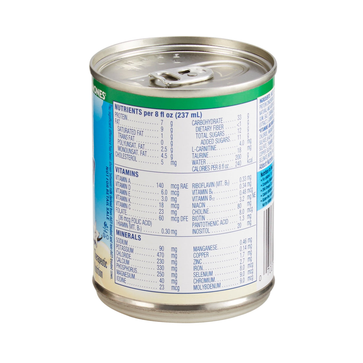 A can of Abbott Nutrition Pediasure Grow & Gain, Vanilla, 8 oz, features a nutrition facts label listing nutrients per serving. The white label has blue and green text, and the silver pull-tab top makes opening easy. Sold as CS/24.
