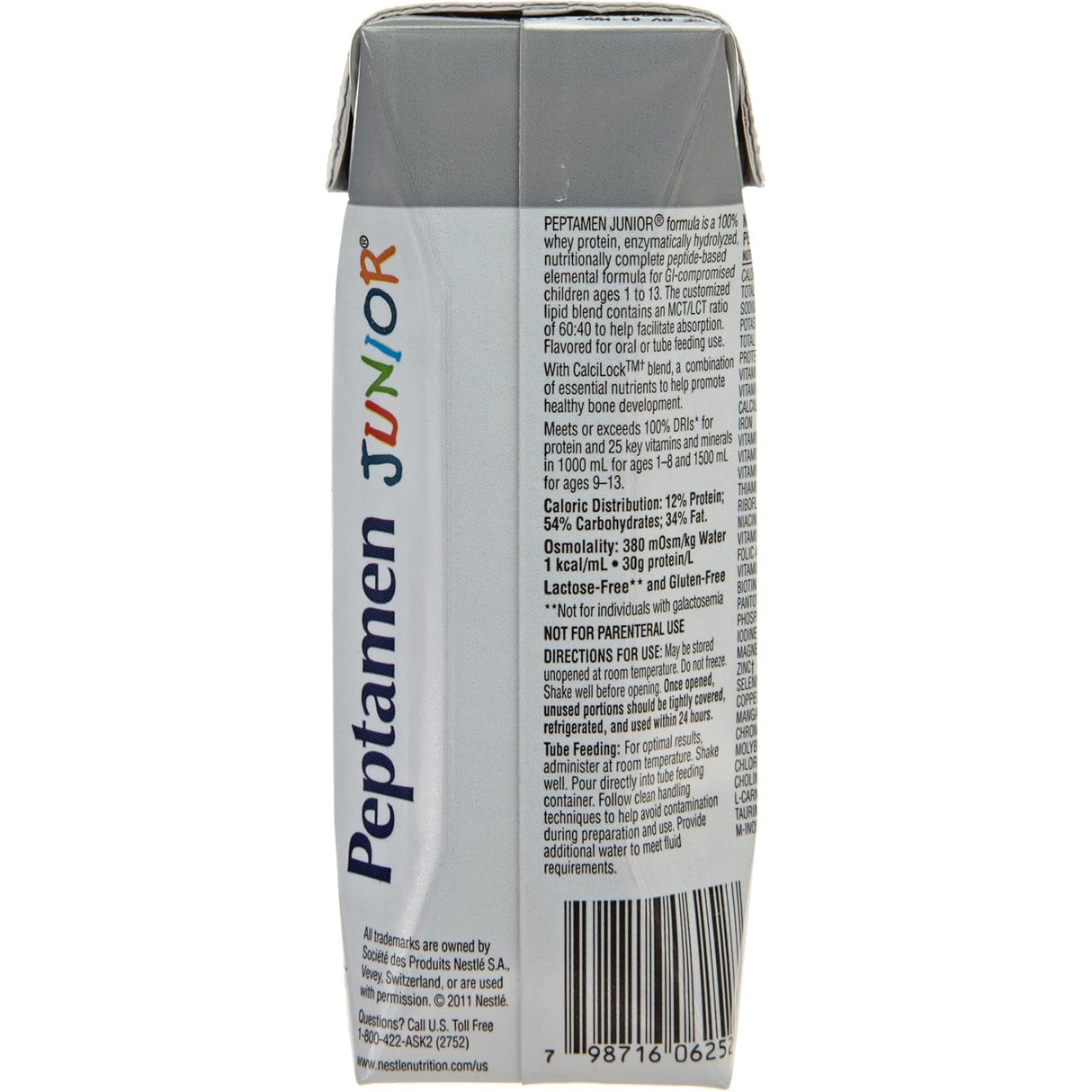 A close-up of a Nestle Nutrition Peptamen Junior 1.0 Cal, Vanilla, CS/24 carton shows the product name, nutritional info, ingredients, and barcode on silver and white packaging with colorful text.