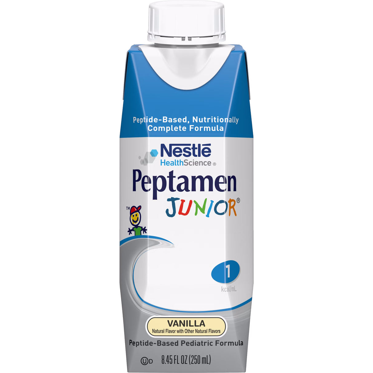 A blue and white 8.45 fl oz Nestle Nutrition Peptamen Junior 1.0 Cal Vanilla pediatric formula carton, featuring colorful Junior text, a smiley cartoon, and labeled as peptide-based and nutritionally complete for tube feeding.