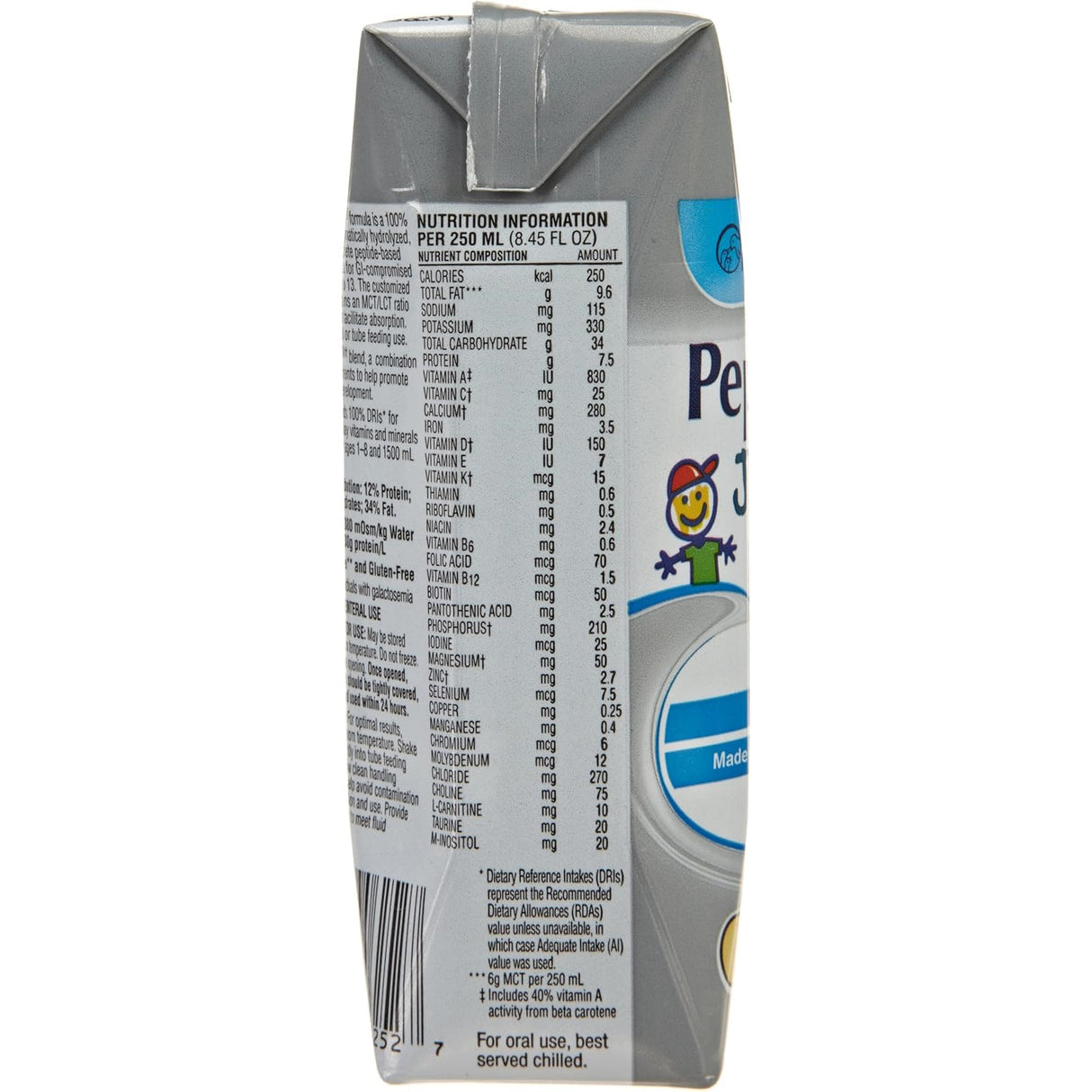 A close-up of the Peptamen Junior 1.0 Cal, Vanilla, Nestle Nutrition box highlights nutrition facts and ingredients in black text on white, plus part of a colorful logo and “For oral use, best served chilled” at the bottom.