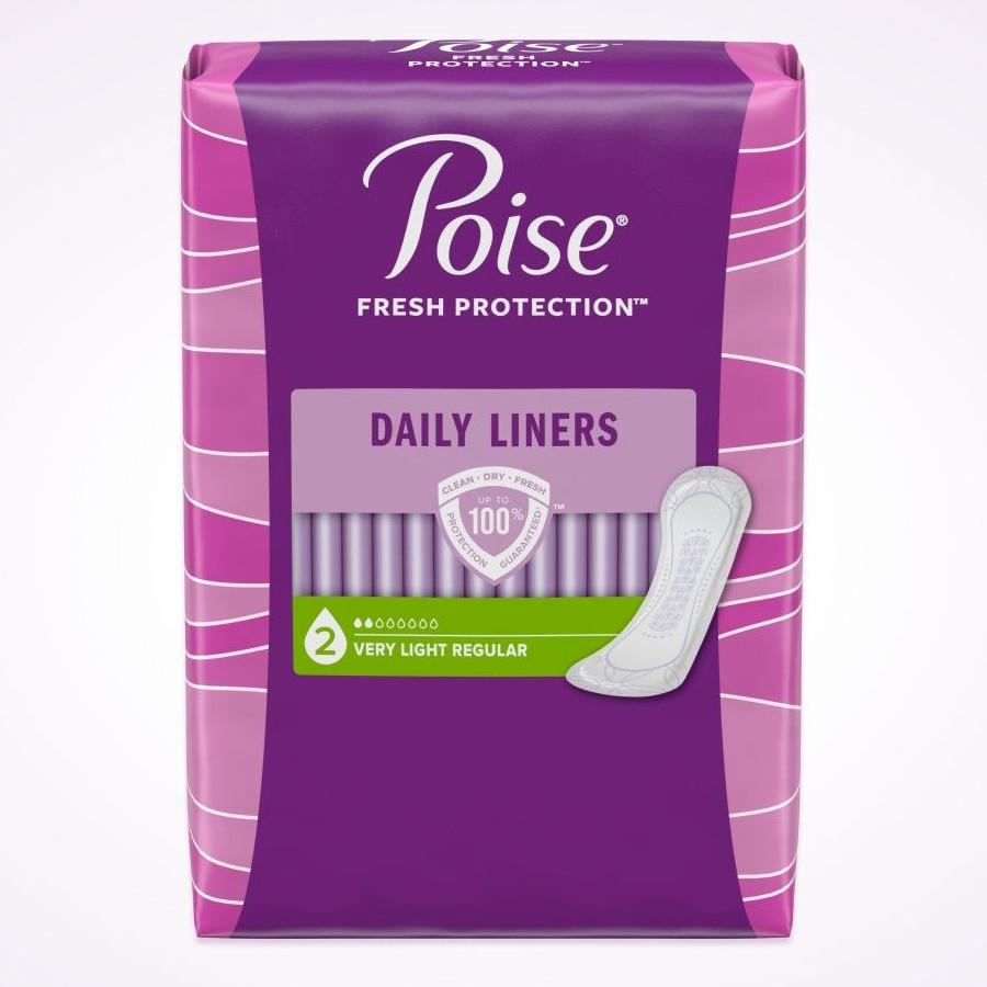 A package of Poise Incontinence Liners, 2 Drops Very Light Absorbency, Regular Length, designed for light bladder leaks and featuring the Poise brand’s signature purple and pink design with a small liner image on the front.
